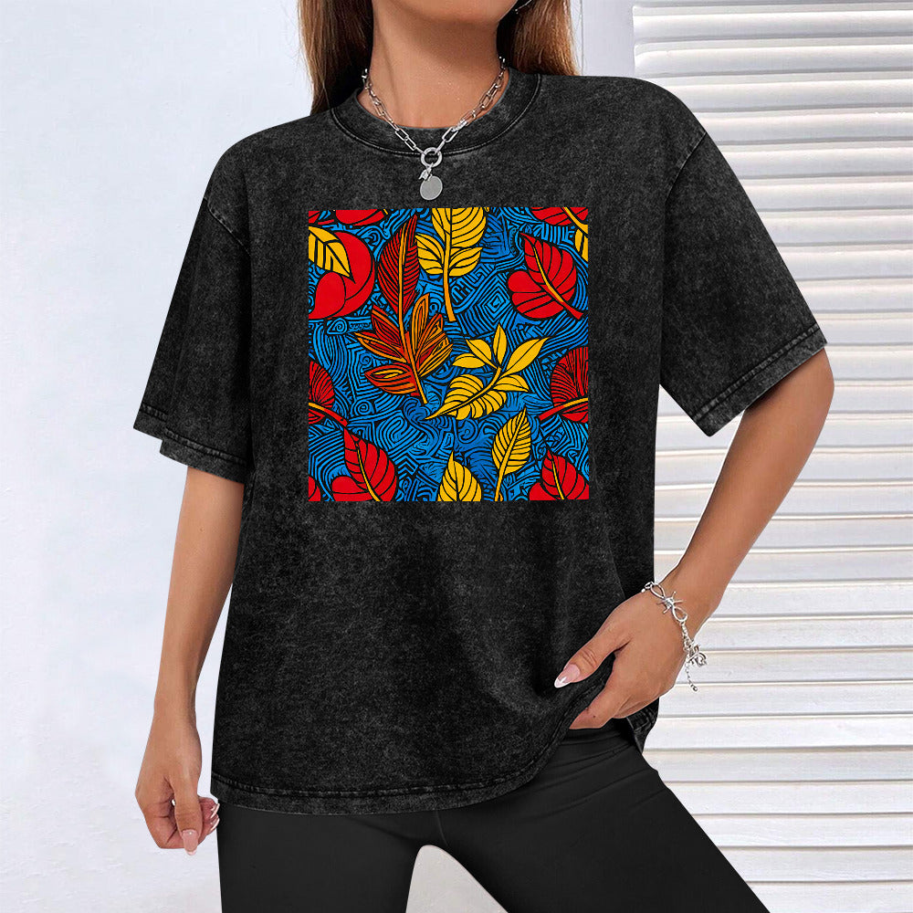 Gift Men and Women's vintage wash off shoulder short-sleeved T-shirt Aso Ewe