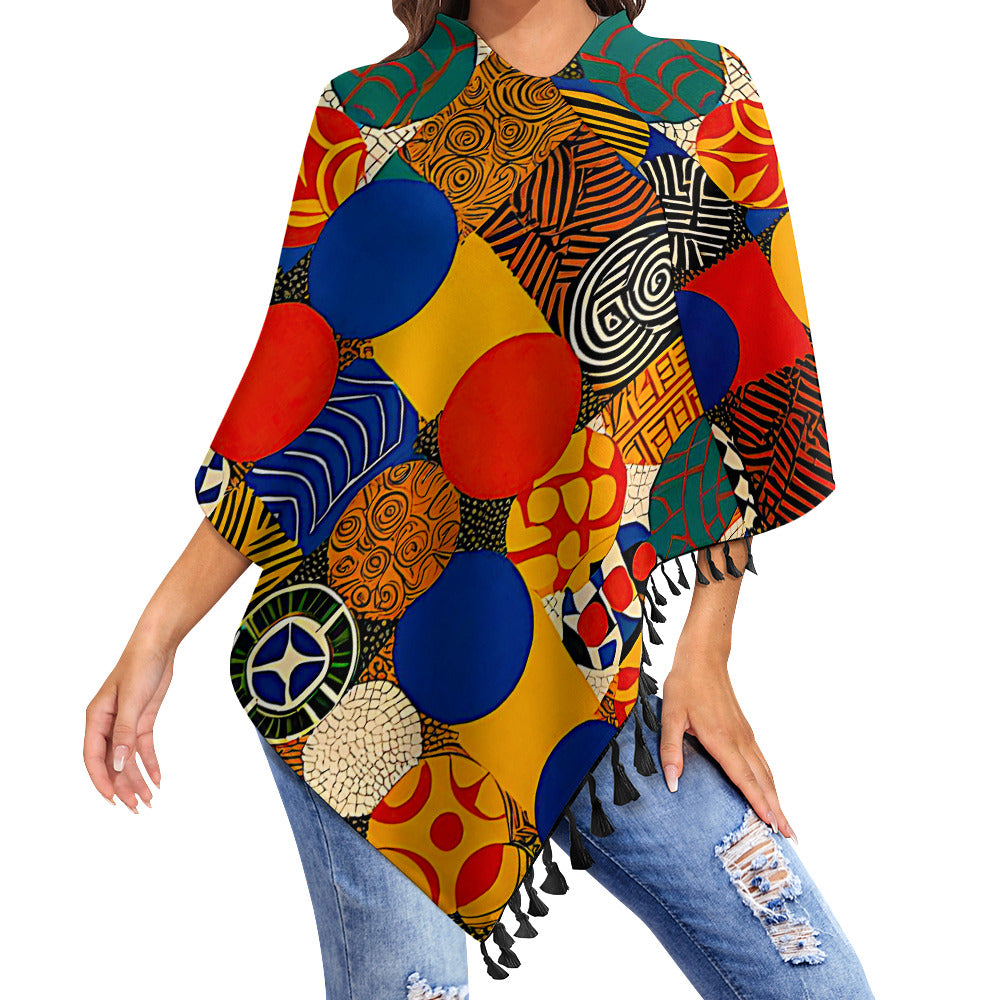Gift Women's Knitted Cape With Fringed Edge Nnkan mi